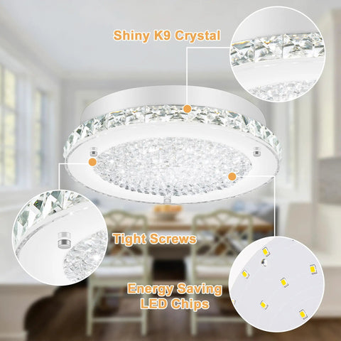 Crystal Ceiling Light Fixture LED Dimmable 11 Inch Flush Mount With close-up on shiny K9 crystals and LED chips detail