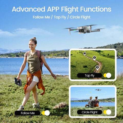 Woman using Go-To Pocket Sized Drone With 4K Camera Under 250g For Beginners, FPV RC Quadcopter with Follow Me function near lake