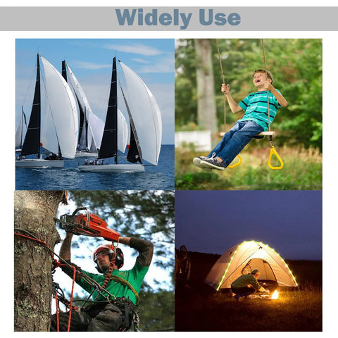 Collage of sailboats, a child on a swing, arborist using Half Inch 200 Foot Arborist Bull Rope, and a lit camping tent at night.