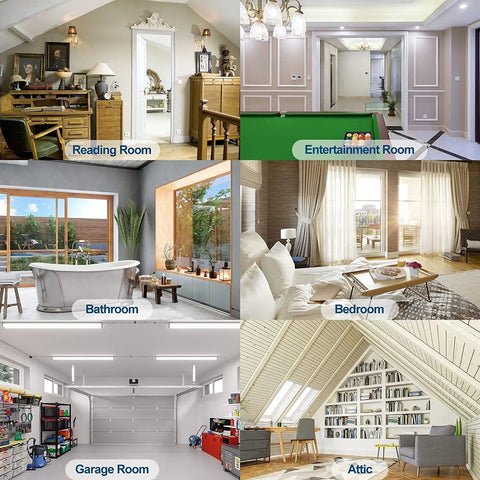 Collage of a reading room, entertainment room, bathroom, bedroom, garage, and attic, each labeled by room type.