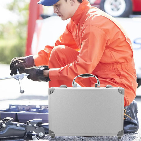Hella Sturdy Aluminum Tool Case With Slick Carry Handle For General Hand Tools And Small Hardware Parts Sorting Organizer, silver gear box with grip handle.