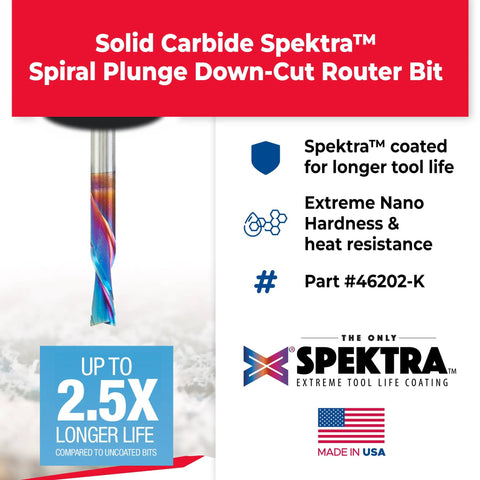 Spiral Plunge Router Bit With Solid Carbide Construction for Down Cut Routing; Spektra coated; made in the USA; product label