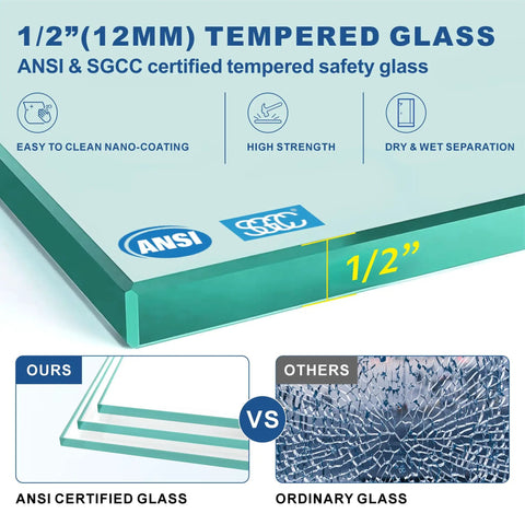 1/2 inch tempered glass showcasing ANSI and SGCC certifications for No Sweat Install 6 Panel Frameless Glass Deck Railing Kit.