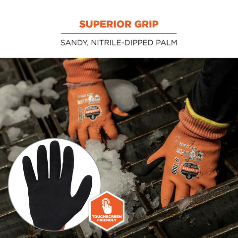 ProFlex 7551 Waterproof Winter Work Gloves with sandy nitrile palms gripping icy surface, ANSI A5 cut resistant, fleece lining