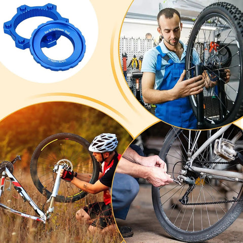 Lightweight Aluminum Center Lock Tool Adapter for Bicycles Disc Brakes shown with bike maintenance scenes