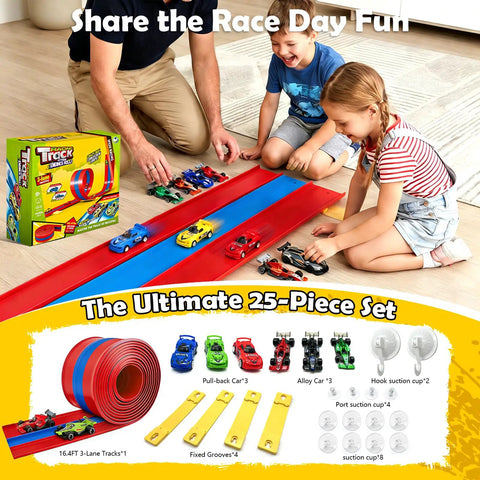 Children playing with Hot Wheels Compatible 16 Ft Flex Track Roll Up Stunt Track in red and blue with diecast 1/64 cars and ramps.