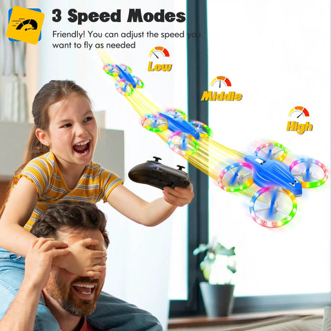 Child playing with Kids Drone With Cool LED Lights And Easy Fly Controls One Click Takeoff And Landing Headless Mode Altitude Hold