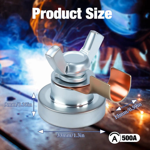 Industrial Pro Grade Magnetic Welding Grounding Clamp with size details, slip-free hold on flat or curved metal surfaces