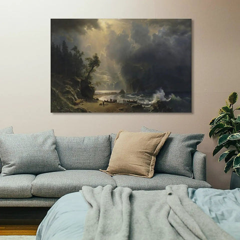 Dope Vintage Canvas Wall Art Featuring Puget Sound On The Pacific Coast By Albert Bierstadt lit landscape print above a sofa in a cozy living space.