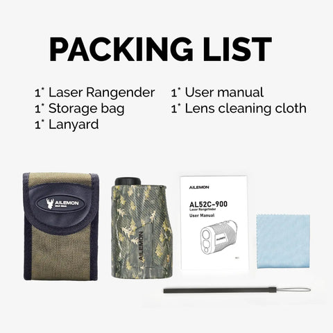 Packing list for Dead On Accurate Laser Rangefinder For Hunters And Bowhunting Pros with storage bag, manual, lanyard, and cleaning cloth.