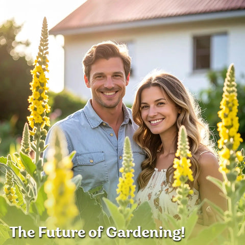 Couple standing in garden with tall yellow flowers, promoting 1,500 Yard Ready Mullein Seeds For Planting Verbascum Thapsus Heirloom Organic Non GMO US Grown.