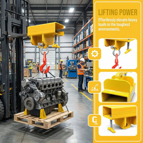Heavy Duty Forklift Lifting Hook Attachment With 5500 Lbs Capacity, lifting a motor on a pallet in a warehouse setting.
