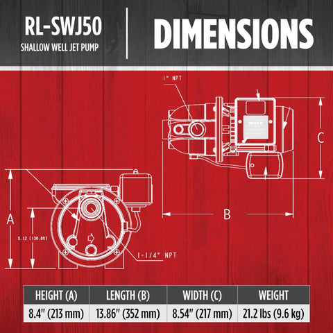Shallow Well Jet Pump, Half Horsepower, Cast Iron, 12.6 GPM dimensions and specifications diagram