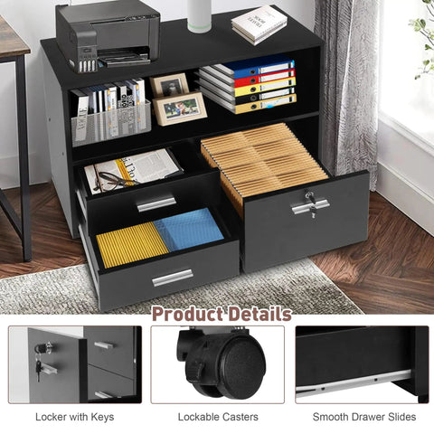 Slick Three Drawer File Cabinet With Secure Lock, Smooth Rollin Office Storage Unit Packed With Handy Shelves And Tough Printer Stand, matte black file cabinet with printer and organized drawers.