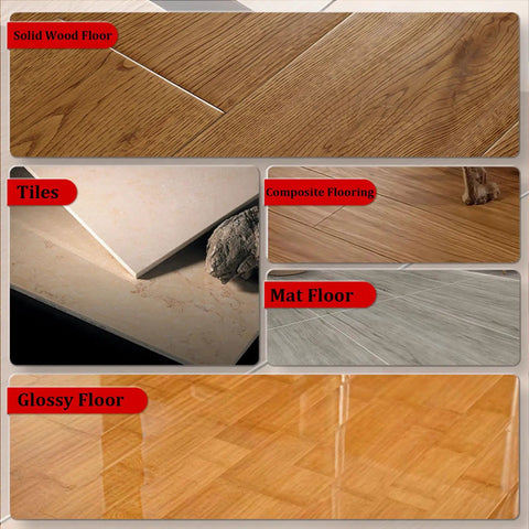 Various types of flooring including solid wood, tiles, composite, mat, and glossy floors.