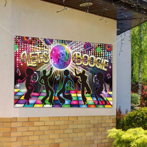 Disco Theme Photo Booth Backdrop Lets Boogie For 60s 70s 80s 90s Parties, Large Fabric Backdrop Banner featuring dancers