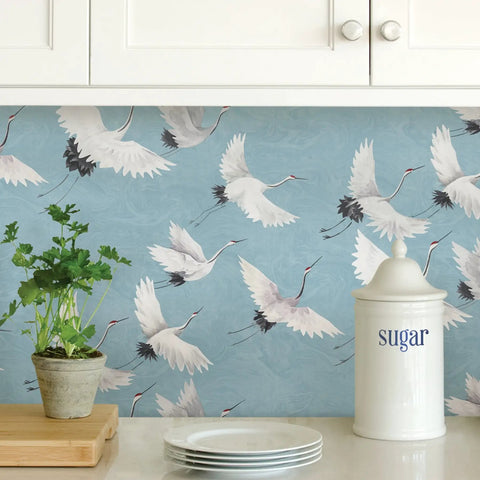 Blue Halcyon Crane Peel And Stick Wallpaper Removable No Residue Repositionable For Walls And Rentals in a kitchen setting