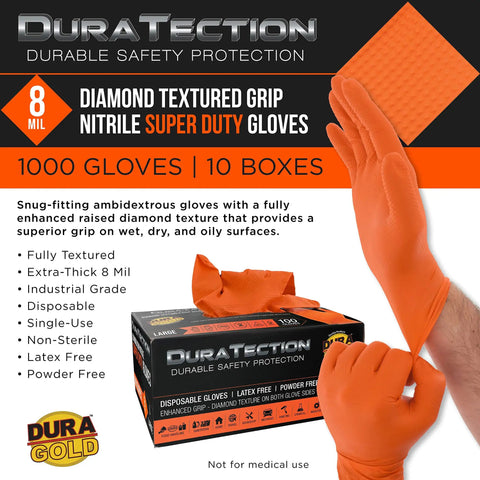 Image of Orange 8 Mil Heavy Duty Diamond Textured Nitrile Disposable Gloves Large Pack 10 Boxes Of 100 with packaging.