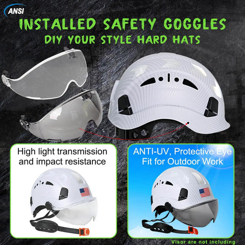 Top Tier White Carbon Fiber Look Hard Hat With Maximum Airflow Vents And Sturdy Six Point Suspension For Real Construction Pros with installed safety goggles