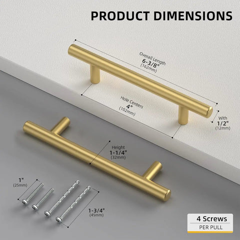 15 Pack 4 Inch Gold Cabinet Handles Set Brushed Gold Stainless Steel Drawer Pulls Durable Kitchen Cabinet Hardware dimensions