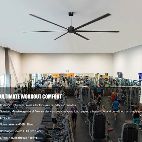 Straight Up 144 Inch HVLS Industrial Ceiling Fan Built Tough With 130W DC Motor Six Reversible Aluminum Blades Plus Smart Remote Control For Workshops Barns Warehouses And Big Commercial Spaces in a gym setting.