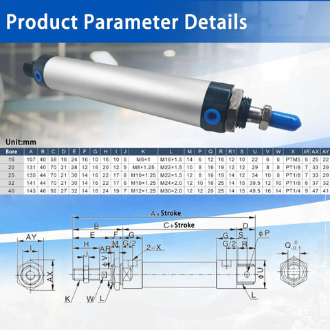 Diagram and details of Mini Pneumatic Cylinder 32mm Bore 200mm Stroke Aluminum Double Acting Single Rod Actuator MAL32x200.