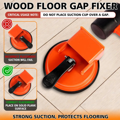 Floor Gap Repair Tool For Laminate Wood Tile And Vinyl Floors With Durable Iron Build Compact Design And Rubber Hammer Suction Cup Feature Makes Gap Fixes Quick And Clean No Mess Designed For DIY Home Floors, showing suction cup with placement instructions.