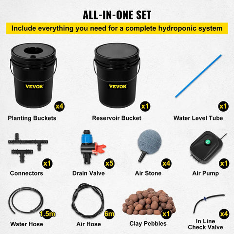 All-in-one set of the Five Bucket Deep Water Culture Hydroponic Grow System for indoor and outdoor leafy greens with components.