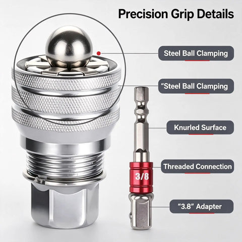 Adjustable Multi Function Socket Wrench With Auto Grip Ratchet detailed view showing steel ball clamping and 3/8 adapter.