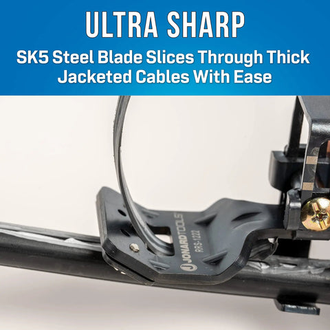 RocketRibbon Cable Shaving Tool RRS1222 cutting cable with SK5 steel blade, adjustable guide, and access window for thick jackets.