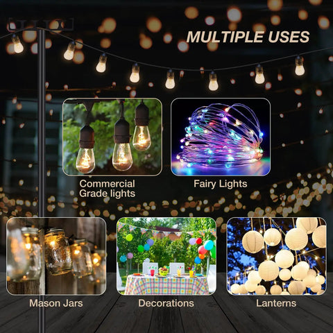 Outdoor setting with 2 Pack 9 Ft Outdoor String Light Poles With Adjustable Height And Wide Top Hook featuring various lights for parties.
