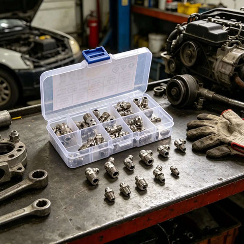 Solid 45 Pc Metric Grease Fitting Kit With Leakproof Zerk Nipples In Heavy Duty Carbon Steel For M6 M8 M10 Fasteners Perfect For Hot Rods And Daily Driver Maintenance Projects. Open case with assorted carbon steel grease fittings on a workbench