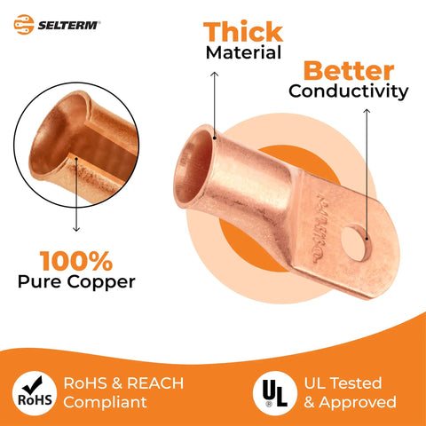 Heavy Duty Beefy Bare Copper Battery Lugs Set 25 Pcs 0000 Gauge Ring Terminals for High Current Auto Marine Electrical Cable Ends with material details