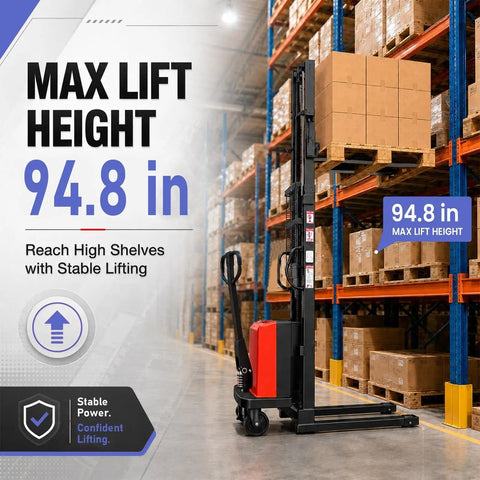 Serious 3300 Lb Warehouse Pallet Stacker With 95 Inch Lift Height, Powerful 1.6KW Motor And Smooth Walkie Operation For Busy Forklift Jobs in warehouse.