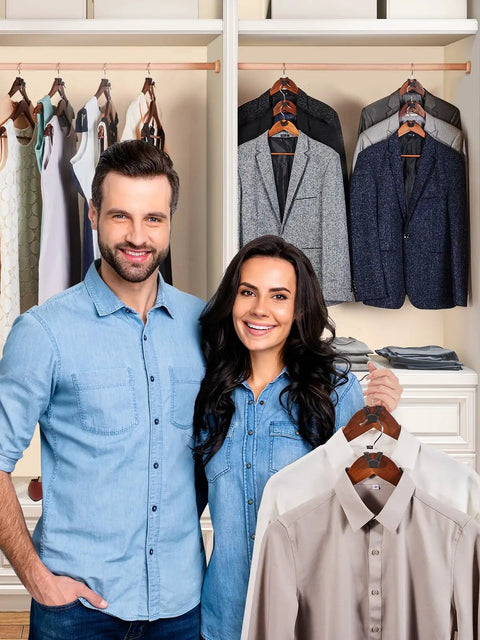 60 Pack Closet Space Saver Hooks Are A Straight Up Game Changer To Double Your Rack Capacity Vertically While Maximizing Hanging Space And Kicking Clutter Out The Door Forever Today features a couple in a closet with shirts hung on hooks.