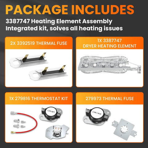 Dryer Heating Element Replacement for Kenmore Whirlpool Maytag Fits 3387747 with fuses and thermostat kit components shown.
