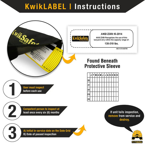 KwikLABEL instructions for Heavy Duty Double Leg External Shock Absorber Safety Lanyard, 6ft Extends To 7ft 2In