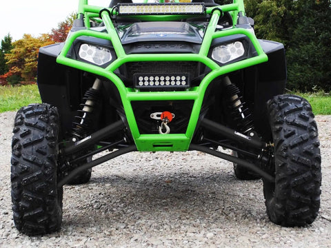 1.5 Inch Black Forward Offset A-Arms For Polaris RZR XP 900 And XP 4 900 Fit Up To 30 Inch Tires 1.25 Inch Tubing 25 Percent Larger Than Stock UV Resistant Powder Coat Finish Includes Extended Tie Rod Ends Steering Stop Kit Full Camber Adjustability installed on front suspension