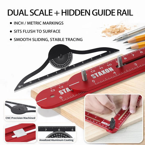 No Sweat Stair Tread Gauge Tool That Hits Marks Dead On With Extendable Folding Ruler And Hidden Screw Rail Guide For Fast Woodworking Layouts And Diy Step Projects, showing dual scale and mounting. 52-inch aluminum ruler.