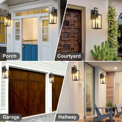 Smart Motion Sensor Outdoor Wall Lantern Dusk To Dawn Sconce in Matte Black with clear glass, shown on porch, garage, courtyard, hallway.