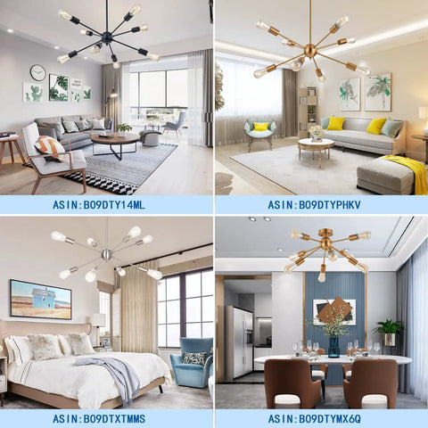 Mid Century Sputnik Chandelier With Eight Lights Industrial Vintage Black Starburst Flush Mount Ceiling Light in living rooms and bedroom.