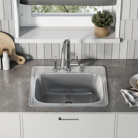 Ouvert 25 By 22 Inch Stainless Steel Kitchen Sink Single Basin Top Mount With Rear Center Drain 18 Gauge Heavy Duty Built To Last