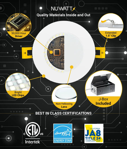 Diagram of 12 Pack 4 Inch Ultra Thin LED Recessed Lighting Kit With 5 CCTs Selectable 2700K 3000K 3500K 4000K 5000K Dimmable 9W 630LM IC Rated Canless Slim Panel With Junction Box White Trim ETL featuring components and certifications