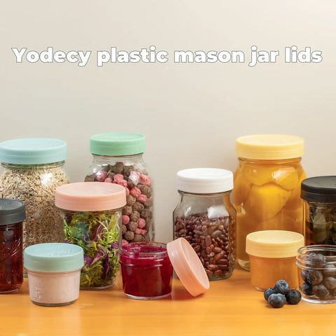 16 Pack Gray Plastic Mason Jar Lids One Piece Tight Seal No Silicone Washers Needed Eight Wide And Eight Regular Mouth Fits Popular Pantry Styles Straight Up Hassle Free Setup For Weekend Canning Batches, assorted jars with colorful lids.