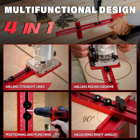 Sigerio 4-in-1 router jig, rose-red aluminum alloy circle-cutting guide for straight lines, grooves, and right angles.