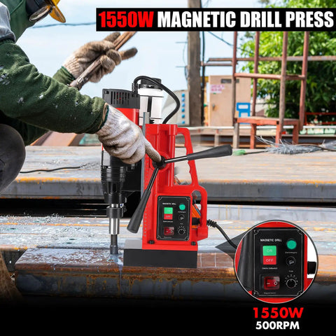 1550W Portable Magnetic Drill Press With 2 Inch Boring Diameter And Variable Speed Up To 500 Rpm on metal surface.