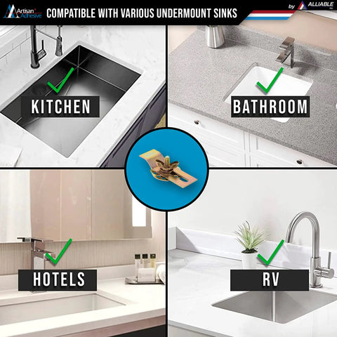 Beefy 10 Pack Heavy Duty Undermount Sink Clip Kit With Epoxy Sink Clips in kitchen, bathroom, hotel, and RV settings.
