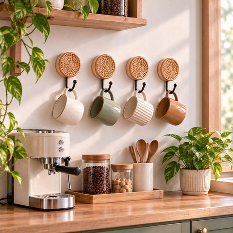Four Pack Slick Boho Wall Hooks Decorative Wide Opening Coat Rack For Towels Backpacks And Purses With Rock Solid Screw Mount Heavy Duty Home Storage For Keys Jewelry And Everyday Carry mounted with mugs in kitchen.