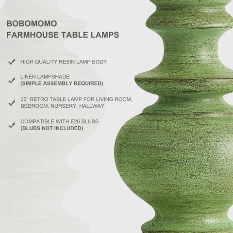Rustic 27.5 Inch Table Lamp Set of 2 with 3-Way Dimmable Touch Control, USB Ports, green resin lamp body detail