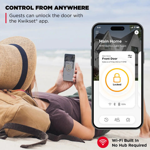 Make Your Entry Slick With This Fingerprint Deadbolt Featuring Built In Wifi Smart Notifications Proximity Auto Unlock Iron Black Finish And Keyless Entry For Zero Hassle Security, woman using smartphone on beach for remote door control.